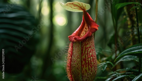 Exotic Pitcher Plant Nepenthes Rafflesiana Carnivorous Flora in Lush Rainforest.