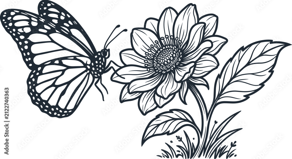 Obraz premium Butterfly and flower illustration in hand drawn vintage art style.