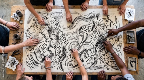 Top view of diverse hands collaborating on a large abstract charcoal drawing on a wooden table, expressing teamwork and creative art.