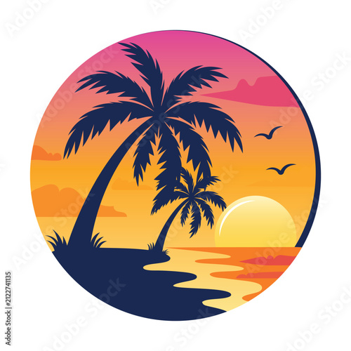 Tropical beach sunset vector badge featuring curved palm tree with ocean waves and bright sun for summer vacation concept