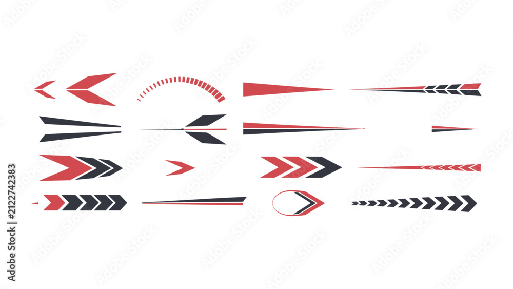 Fototapeta premium Set of red and dark gray racing stripes, arrow motifs, and geometric speed decals for vehicle body and sports branding