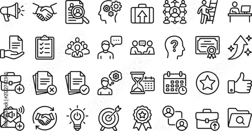 Comprehensive business and office management icon set vector bundle featuring hand drawn doodle style illustrations for professional corporate project design elements