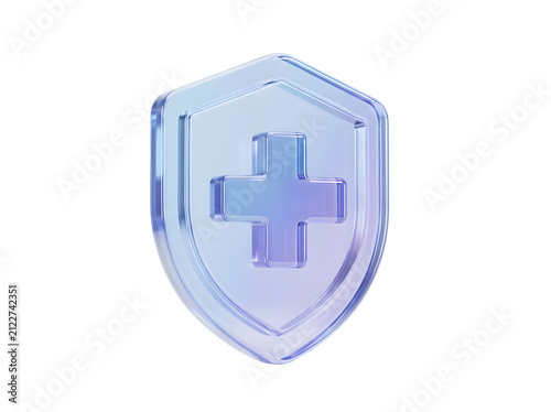 3d render of a glass shield icon with a medical cross symbol isolated on transparent background