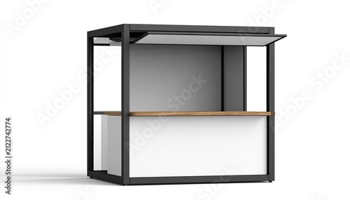Modern Minimalist Kiosk Stand with Open Counter and Shelving.