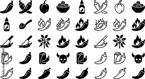 Spicy chili pepper icon set vector illustration featuring hot jalapeno habanero sauce flames skull and knife elements in solid glyph and linear styles for restaurant menu