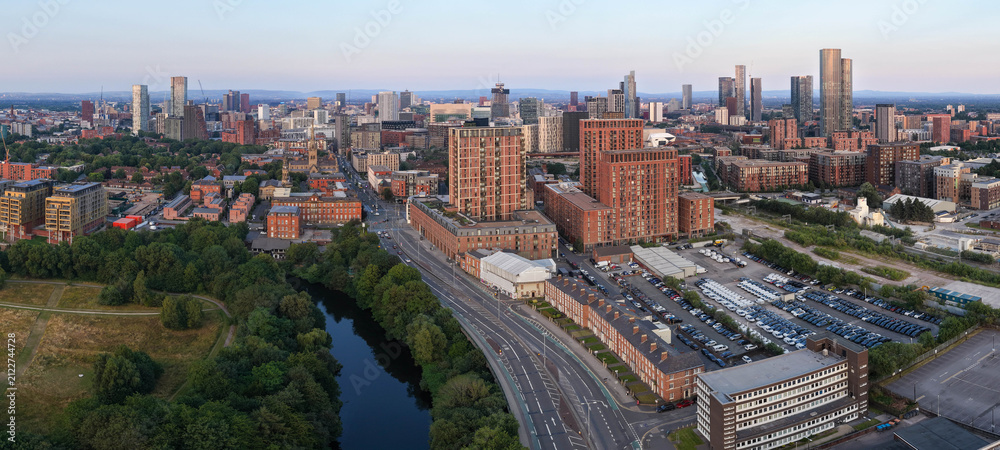 Fototapeta premium Ultra Wide Evening Panorama of Chapel Street, Crescent, River Irwell, and City Skyline