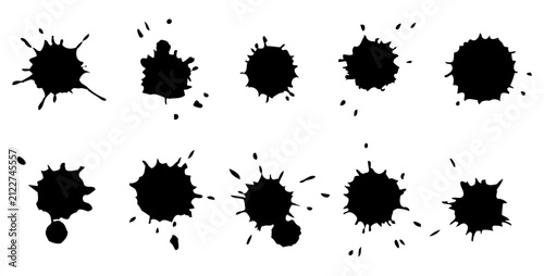 Ink splatter set, paint brush stroke kit, vector black grunge stain, graffiti texture liquid splash. Abstract dirty blob, messy shape drawing collection isolated on white. Ink splatter print element