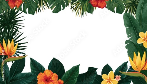 Tropical Floral Border with Exotic Flowers and Leaves.