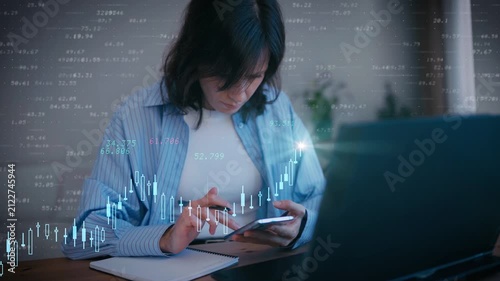 Businesswoman in manages stock market investments with smartphone and laptop, digital candlestick chart, financial analytics and online trading technology