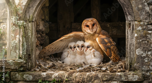 Barn owl mother protecting her three chicks in a stone nest