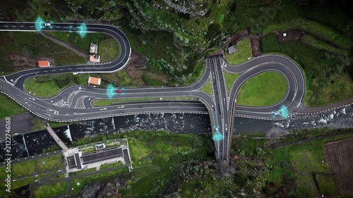 Cars moving interchange with AI-powered autonomous driving and driver assistance technology. Smart mobility connected traffic, vehicle communication, and intelligent transport system