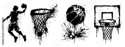 Bild auf Leinwand Basketball equipment and dunking player set in messy ink splatter style