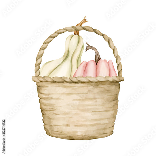 Bild auf Leinwand Cute Pumpkins Wicker Basket