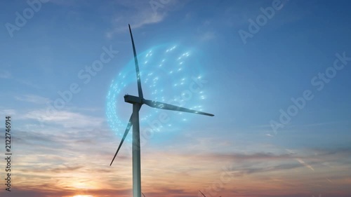 Wind turbine at sunset with AI monitoring visualization, smart renewable energy, wind power analytics, and digital control of clean energy infrastructure