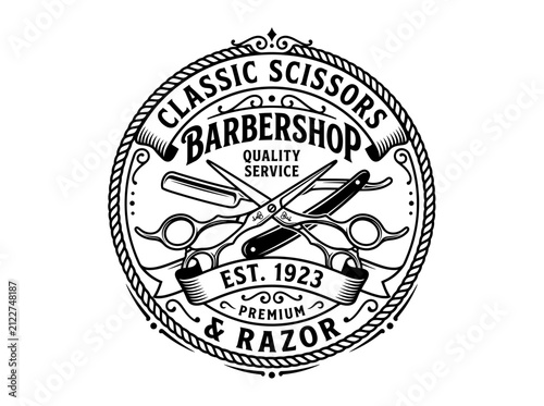 Vintage Barbershop Emblem with Scissors and Razor
