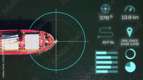Cargo vessel with AI navigation interface, smart maritime logistics, route tracking, fleet monitoring, and digital control of marine transport operations