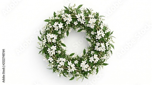 Luxury 3D render of elegant white jasmine flowers with delicate petals and glossy green leaves, isolated on a pure white background, top view. Highly detailed botanical