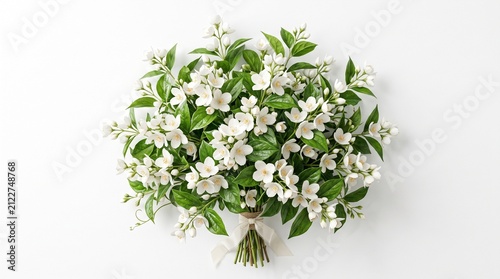 Ultra realistic 3D render of a jasmine flower branch with blooming flowers and buds, isolated on pure white background