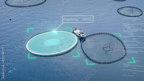 Offshore fish farm with feed boat, smart aquaculture interface, AI monitoring, automated feeding control, and digital management of marine fish production