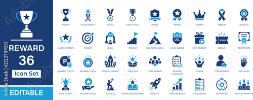 Reward 36 editable solid icon set. Achievement, trophy, medal, badge, bonus, loyalty and success vector icons for UI, UX, web and app design.