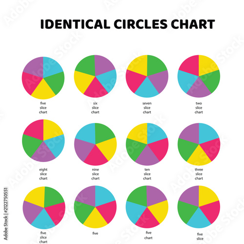 Identical circles chart pie chart vector icons. Five slice infographic insulation vector signs set. Pie chart icon. Five slice circle vector icon