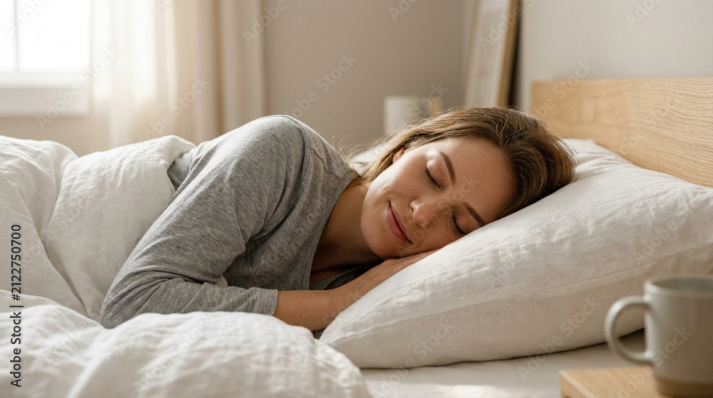 Fototapeta premium Woman sleeping peacefully in a bright bedroom, comfortable rest, morning sunlight