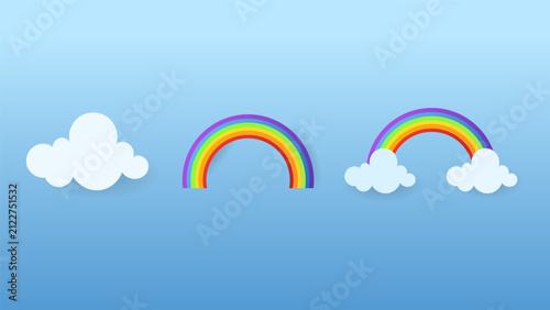 Weather Icons Set with White Cloud and Colorful Rainbows in Paper Cut Style