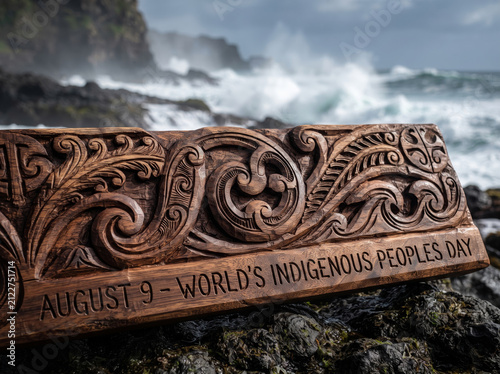 Intricately Carved Wooden Panel Resting On Coastal Rocks