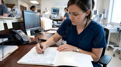 Nurse works at desk writing patient records. Healthcare, medical office.