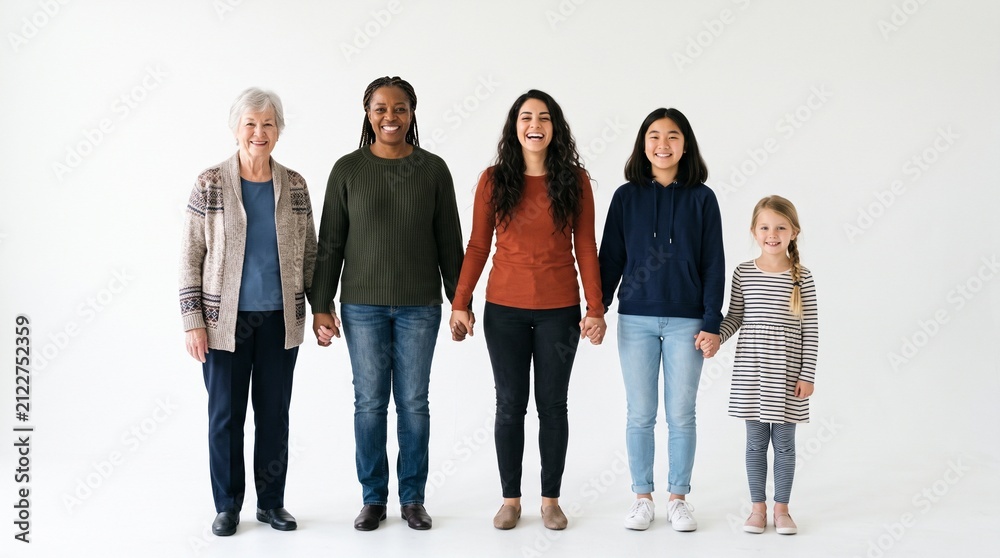 Fototapeta premium Diverse group of women and girls of different ages and ethnicities holding hands in unity and smiling
