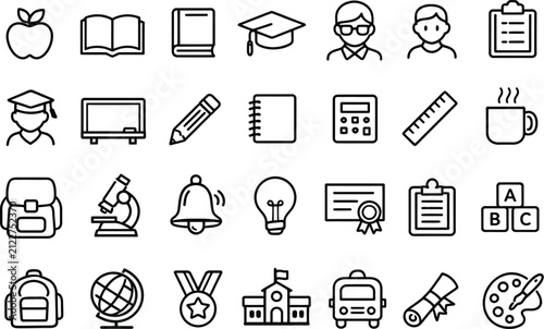Education Outline Icon Collection with School Supplies and Classroom Symbols...