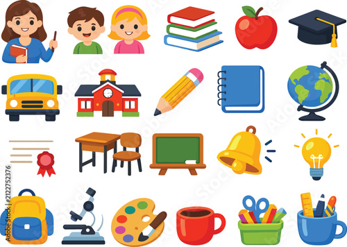 Education Mini Icon Set with School Supplies and Learning Symbols..