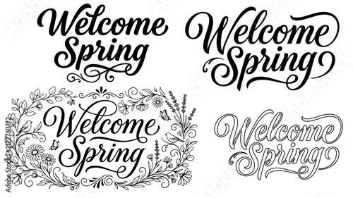Welcome Spring Hand Lettering Typography Logo Collection Editable Vector Set