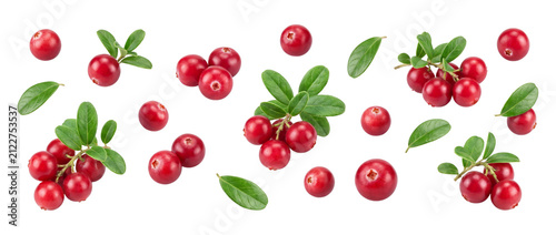 Cranberries with green leaves isolated on transparent background