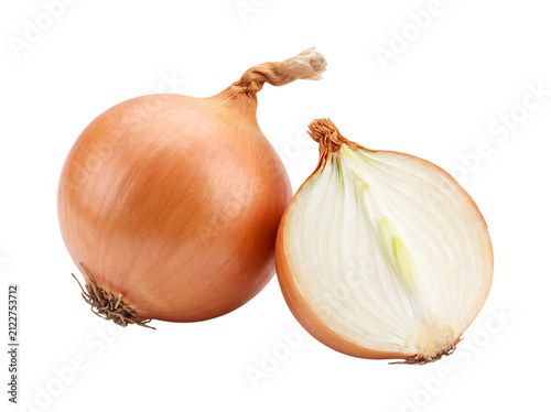 Yellow onions, whole and halved, isolated on transparent background
