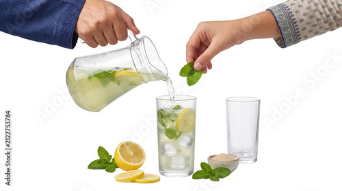 Refreshing homemade lemonade being poured into glass, hands preparing fresh citrus drink with mint leaves, cold summer beverage with ice isolated PNG with Transparent Background