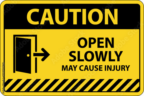Yellow caution sign warning to open door slowly to avoid potential injury