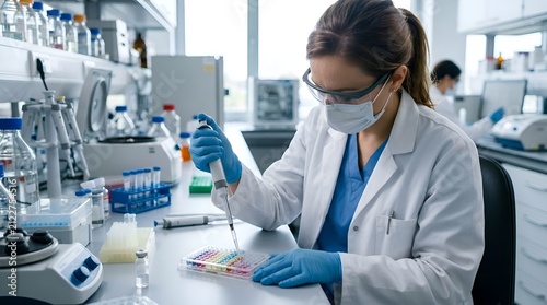 Scientist conducts research, pipetting samples in a modern laboratory