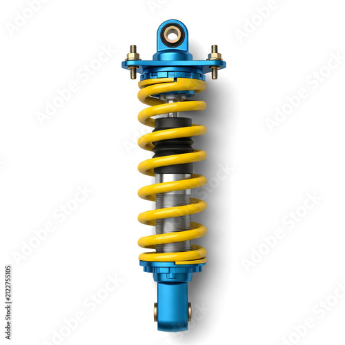 Yellow and Blue Performance Car Shock Absorber on White