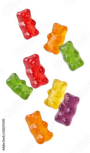 Foto Colorful gummy bears floating isolated on transparent background