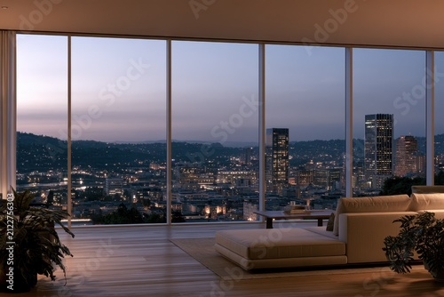 Modern studio with city skyline view in a stylish Oregon apartment