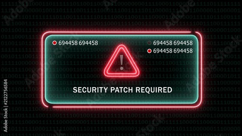 Cybersecurity warning interface with neon red alert symbol and digital binary code background, displaying a critical, security patch required, notification for system, software updates and network