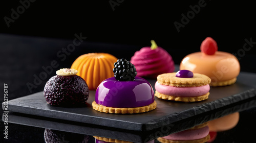 Assorted colorful gourmet desserts and pastries on a black slate plate, luxury modern French patisserie, elegant presentation, dark background.