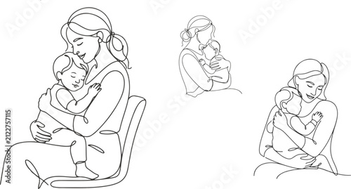 Mother Holding Sleeping Baby One Line Art for World Children's Day Vector. Editable stroke. Vector illustration.