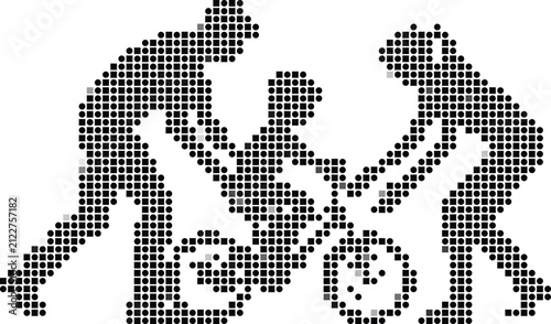 Halftone dot pattern silhouette of parents teaching a child to ride a bicycle, isolated on a white background, black style
