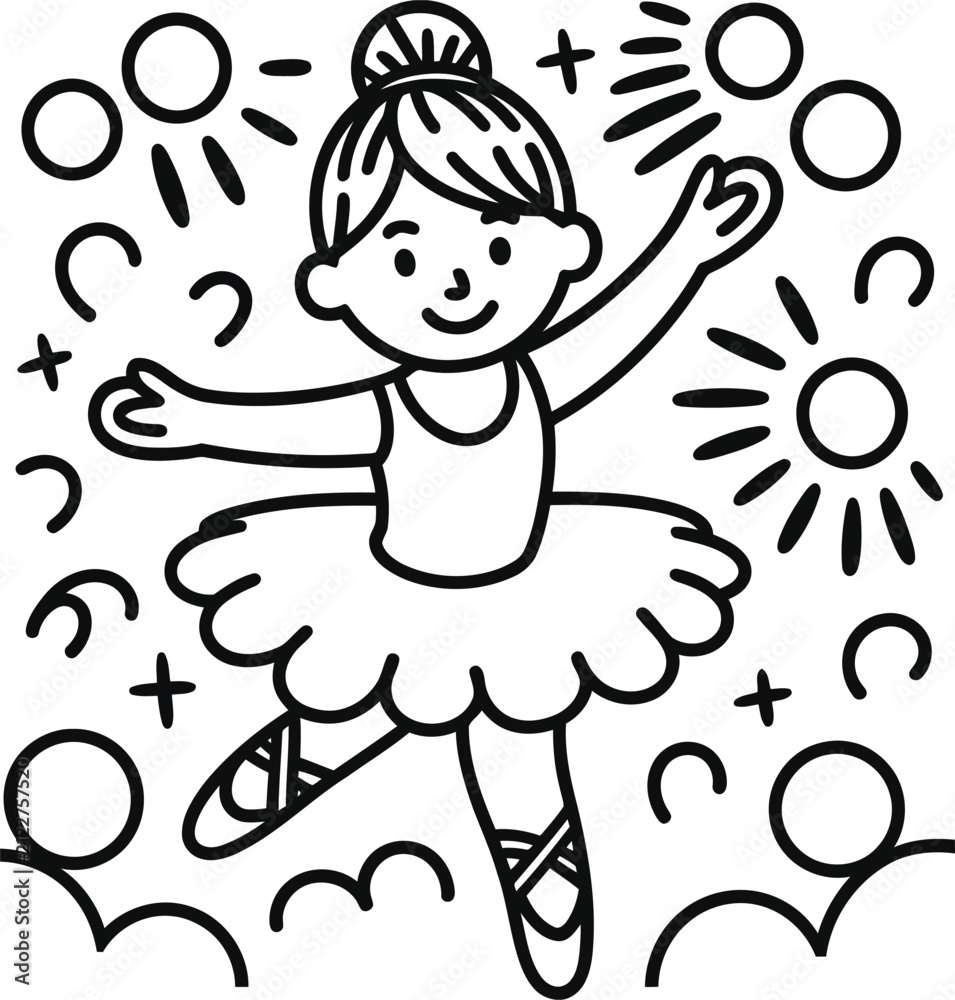 Fototapeta premium A cute hand drawn black and white illustration of a little ballerina dancing surrounded by circles and sparkles design