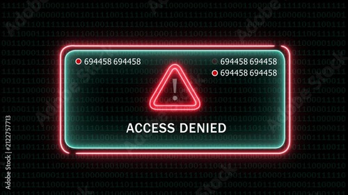 Cyber security access denied warning sign with glowing neon red triangle alert and rapidly changing digital binary code background, for network protection, data breach, hacking, and system error
