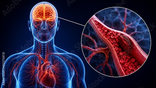 3D Medical Illustration of a Cerebral Thrombosis and Blood Clot in the Human Brain leading to Ischemic Stroke