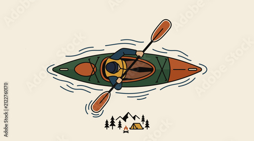 Top View Illustration of a Person Kayaking on a River near a Camping Site
