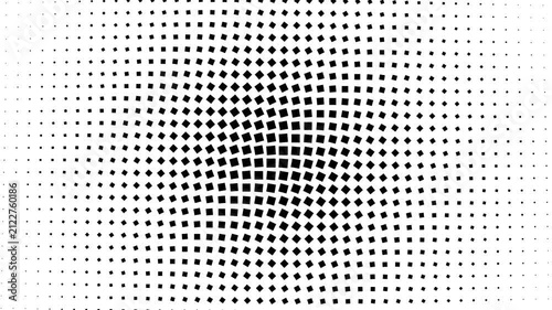 Abstract black and white geometric dot pattern creating a spherical optical illusion for graphic background